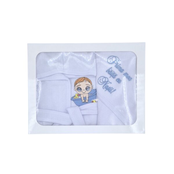 Set Prima Băiță cu Nașii Baby Bear – Halat și Prosop cu Glugă, Broderie Delicată